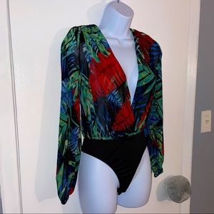 Beautiful Black Multi Color Body Suit, Open back and front.